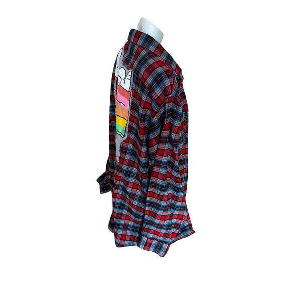 Snoopy Rainbow Pride Doghouse Plaid Flannel Shirt XXL Oversized Shacket Unique - Picture 3 of 6